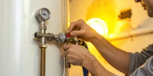 Gas hot water heater repair by technician.
