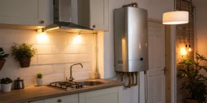 Tankless water heater installation in a modern kitchen.