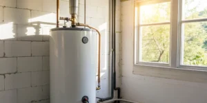 New water heater installation with pipes and connections.