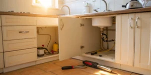 Affordable water heater repair tools in an open cabinet under the sink.