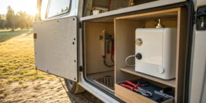 Camper water heater repair tools and components.
