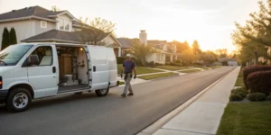 Sewer and drain cleaning company van parked on a residential street.