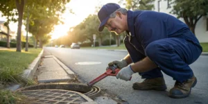 Water main repair worker with wrench.