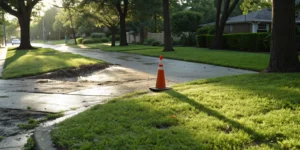 Orange cone marking sewer leak.