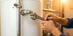 Repairing hot water heater valve leak.