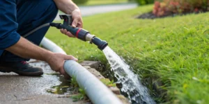 Hydro jet powerfully cleans drain pipe.