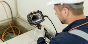 Sewer camera inspecting pipe interior.