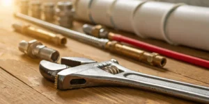Wrench and pipes for plumbing and drain cleaning services.