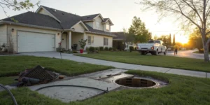 Sewer access open with repair tools on lawn.