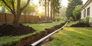 Broken sewer pipe and trench in residential yard.