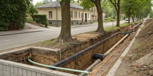 Main sewer line pipes in a trench.