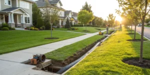 Trenchless sewer replacement pipe installed under a sidewalk.