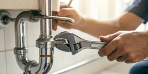 Sewer and drain cleaning service wrench on pipe.