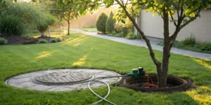 Sewer inspection access point near a tree.
