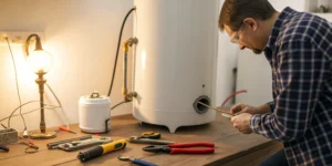 Electric water heater repair tools on workbench.