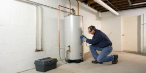 Safe gas water heater installation with tools.