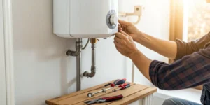Repairing a water heater with tools.