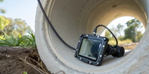 Sewer camera inspecting a pipe.
