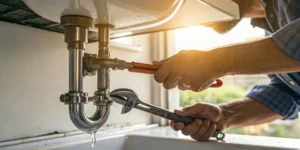 Leaking water pipe repair with wrench and pliers.