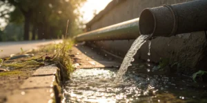Sewer line spewing wastewater onto street.