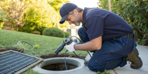 Sewer camera inspection during professional cleaning.