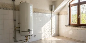 A wall-mounted water heater with plumbing that requires inspection and repair.