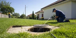A technician provides a professional outdoor drain cleaning service on a lawn.