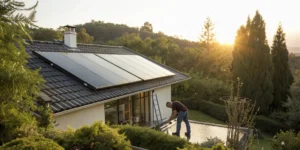 Technician performing a solar water heater repair on a rooftop.