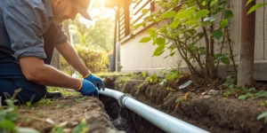 A plumber repairs a water pipe in an outdoor trench.