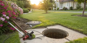 A main sewer line cleaner being used at an open access point in a yard.