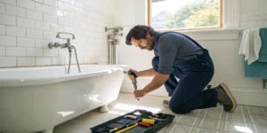 A person performs a DIY repair on a bathtub drain pipe.