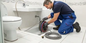 Emergency drain cleaning service with a plumber using professional equipment.