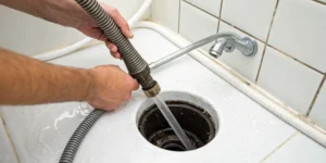 Professional performing emergency drain cleaning services on a clogged sink.