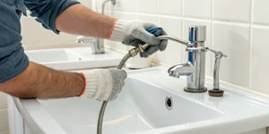 A plumber clears a clogged drain as part of a main line cleaning service.
