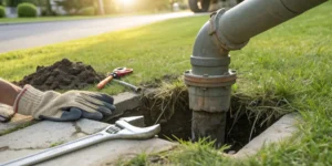Main water line repair with an exposed pipe in a trench on a residential lawn.