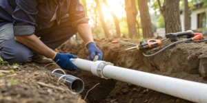 PVC sewer line installation in a trench.