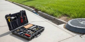 Sewer line repair tools on a sidewalk, a key factor in the project's final cost.