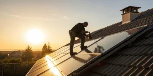 Technician performing a solar hot water heater repair on a rooftop.