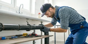 A plumber uses tools to repair a damaged cast iron pipe under a sink.