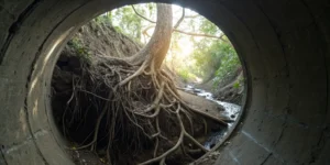 Tree roots invading a sewer pipe.