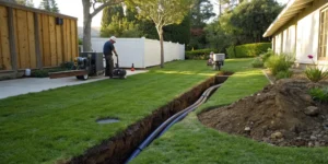 Trenchless pipe repair in progress with an access pit, exposed pipes, and workers on a lawn.