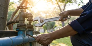 Water main repair using a wrench.