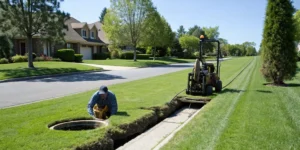 A trenchless pipe repair crew at work, preserving a residential lawn from excavation.