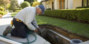 Plumber cleaning sewer line with hydro jet.