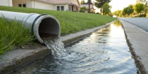 A residential sewer pipe overflowing into a street, a clear sign that professional cleaning is needed.