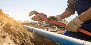 Water main repair using a pipe wrench.