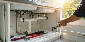 A person repairing the drain pipe under a kitchen sink with a wrench.