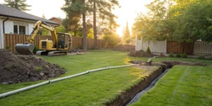 Traditional sewer line replacement with an excavator digging adds significant cost and disruption.