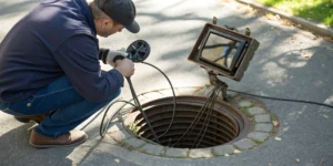 Technician performing a camera inspection of a sewer line with a video monitor.