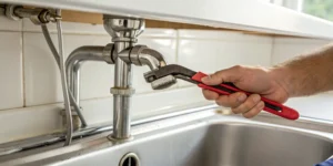 Professional plumber performing a clogged drain cleaning service under a kitchen sink.